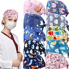 Geyoga 10 Pieces Women Scrub Caps Surgical Nurse Working Hats with Button and