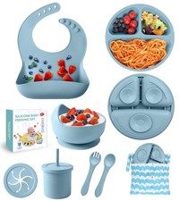 10 PCS Silicone Baby Feeding Set Suction Bowl Divided Plate Bib Cup Blue Set