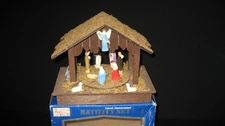 Vintage 1960s Miniature Musical Nativity Set in Wooded Stable Plays Silent Night
