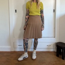 Vintage 1980s Wool Pleated Skirt Camel Tan High Waisted Academic Knee Length