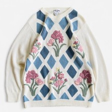 Women  s Cream Floral Argyle Sweater Blue Diamond Pattern Cozy Knit Pullover PM