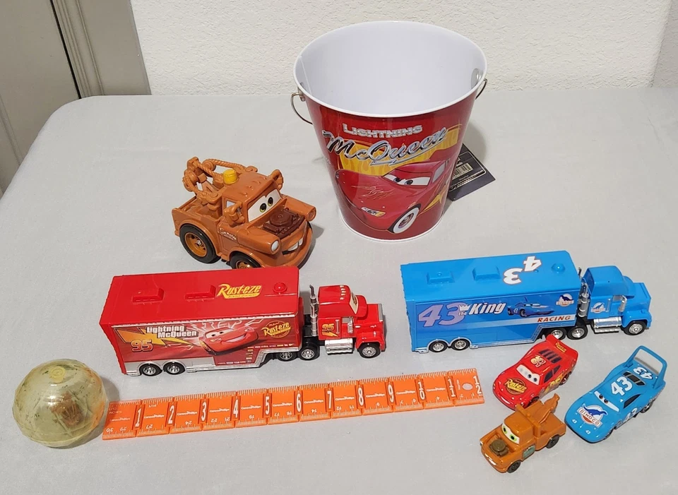 Lot of 8 Disney Pixar Cars Items Dinoco Mack McQueen Tow Mater (talks) and Pail - Image 2 of 4