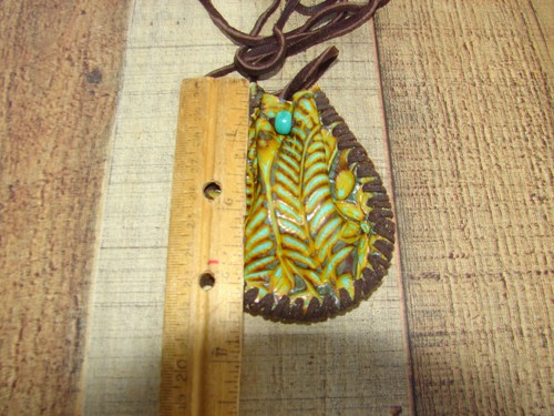 Native American Style Leather Medicine Bag, Tooled Leather Necklace Pouch, 3" - Picture 7 of 10