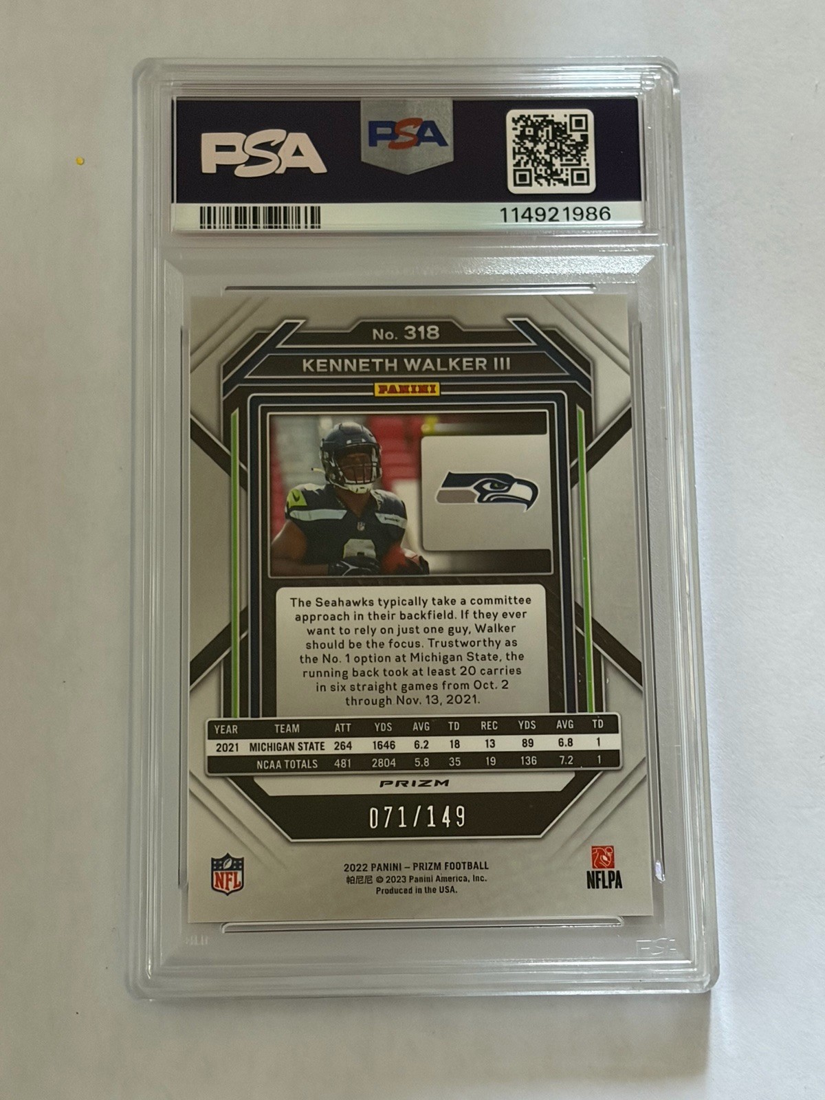 2022 Prizm Kenneth Walker PSA authentic On Card Auto Red Wave /149 #318 view 2
