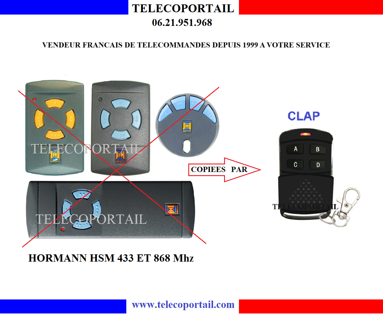 Télécommande Hormann HS4 compatible 433 868 Mhz avec duplication automatique 4 canaux