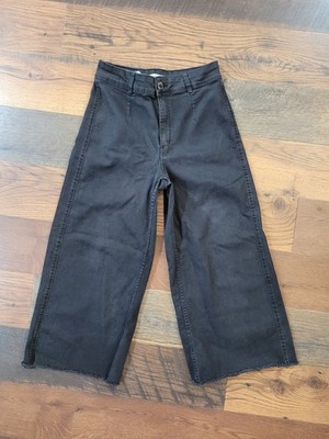Bershka Women's Dark Wash Black Cripped Wide-Leg Denim Jeans High Rise Size 8