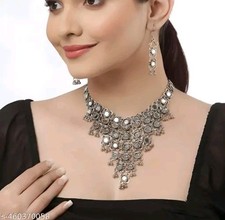 Oxidized Mirror Necklace Indian Silver Designer Jewelry Festive Women  Gift
