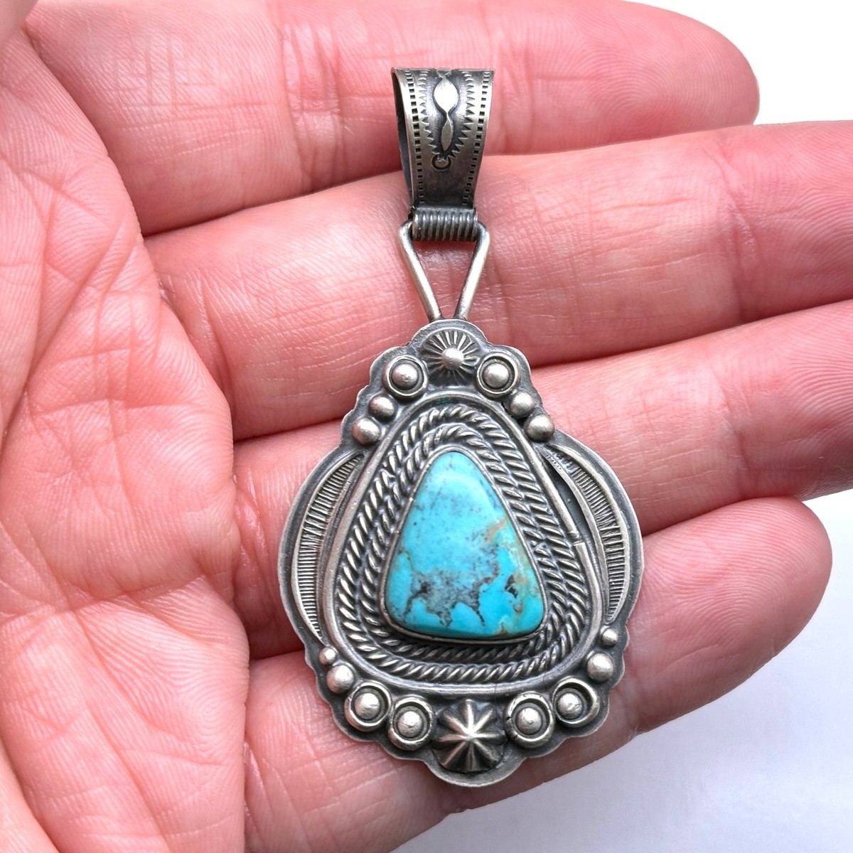 Vintage Navajo Wallace Yazzie Jr Turquoise Stampwork Sterling