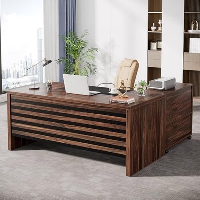  62.2'' Executive Desk with Mobile File Cabinet, L-Shaped Dark Brown and Black