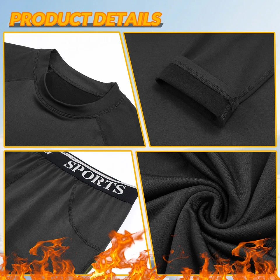 Mens Thermal Fleece Compression Base Layer Under Shirt Tights Pant Set Winter - Image 4 of 4