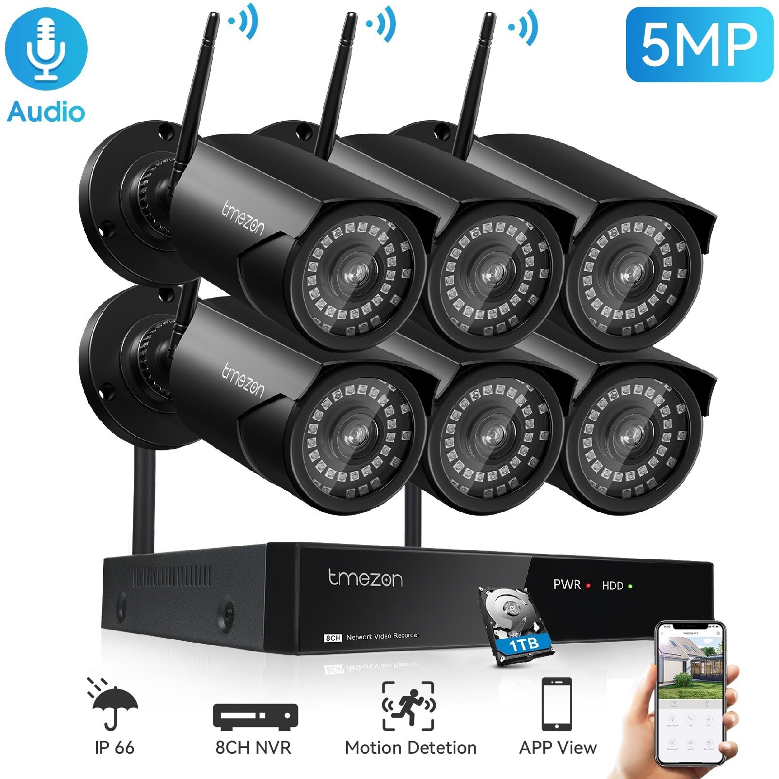 5MP Wireless Audio Camera Security System Outdoor Home 8CH NVR 1TB Night Version