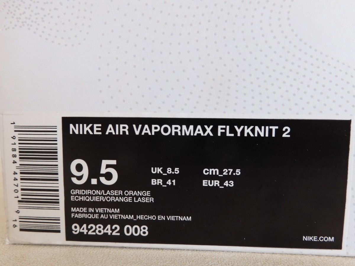 NIKE AIR VAPORMAX FLYKNIT 2 GRIDIRON-LASER ORANGE SZ 9.5 