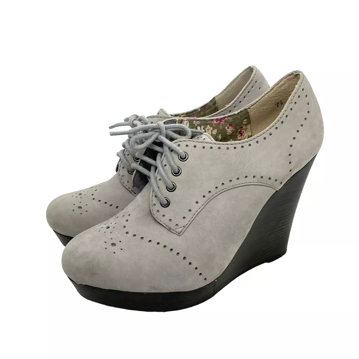 Seychelles Lace Up Leather Wedge Heel Shoes Brogues Women s 7.5 Light Gray