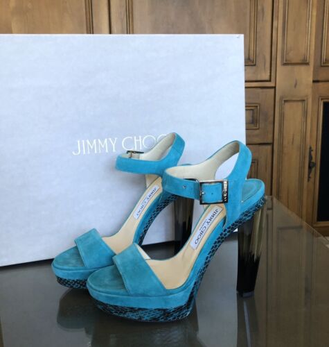 Jimmy Choo Dora Turquoise Suede Platform Heels | S