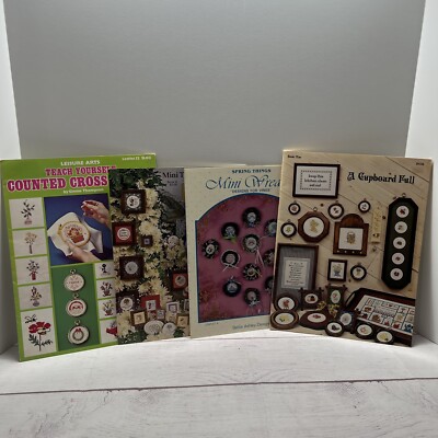 Lot of 4 Cross Stitch Pattern Leaflets Teach Yourself Mini Thoughts Wreaths Etc