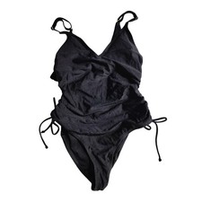 Black One Piece Ruched Swimsuit Tie Side Adjustable Straps Size M