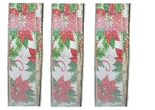 3PK Kirkland Wire Edged Poinsettia Ribbon with Gold Glitter Accents 50 yd X 1.5