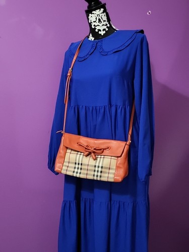 Burberry London Haymarket Check Leather Canvas Orange Crossbody Handbag Leah 💝 - Picture 7 of 14