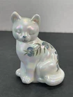 Fenton Sitting Cat Figurine White Iridescent Blue Floral Hand Painted  Signed