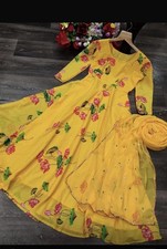 Indian Yellow Floral Chiffon Salwar Kameez Set with Dupatta for Women