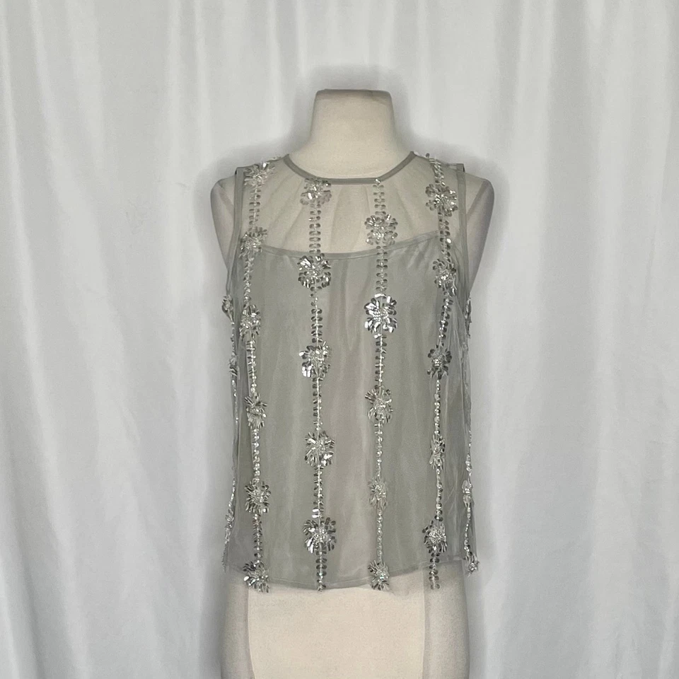 NWT!! J. CREW Collection Sheer Layered Sequin Top Silver Embellished Glam Size 2 - Image 3 of 4