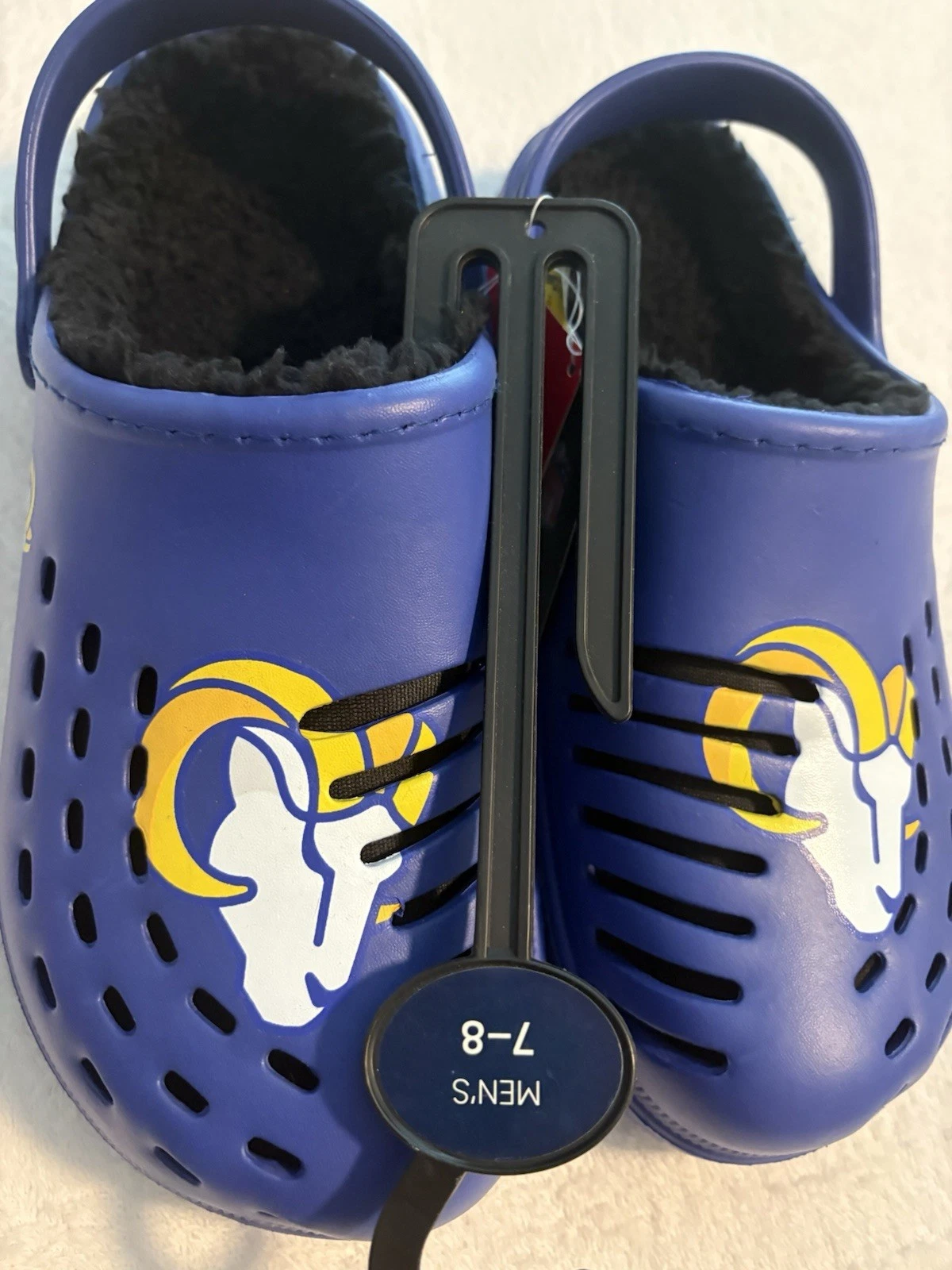 Men's Los Angeles Rams Logo Slip-On Clog Sandals Faux Fur Lined Blue 7-8