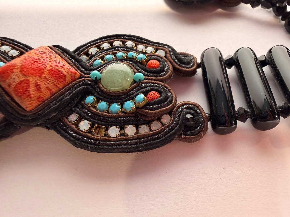 Dori Csengeri Beaded Embroidered Decorative Belt with Black and Turquoise Accr View 5