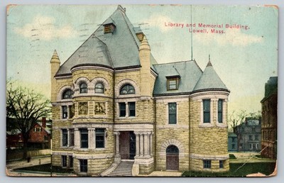 Vintage 1913 Lowell, Mass Library and Memorial Building Postcard
