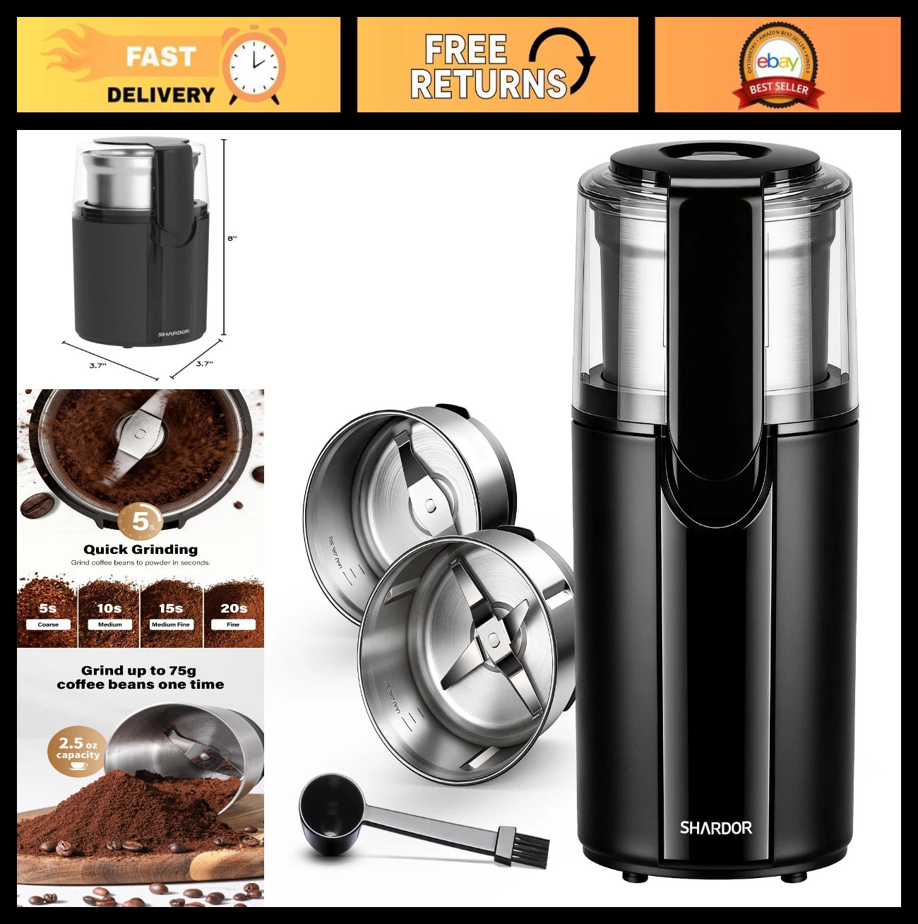 Electric Coffee Grinder for Spices & Herbs, 2 Removable Stainless Steel Bowls, B