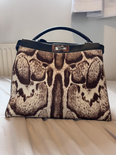 Fendi Large Peekaboo Animal Print Calf Hair Bag Black Leather Strap Rare