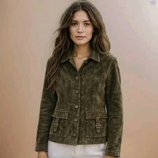 Vintage Suede Jacket Olive Green Leather Blazer Style Country Shop Women's Sz S