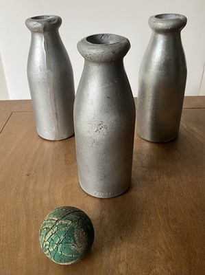 3 Vintage Carnival Game Metal Milk Bottles + Rubber Ball Nostalgic Fair Circus