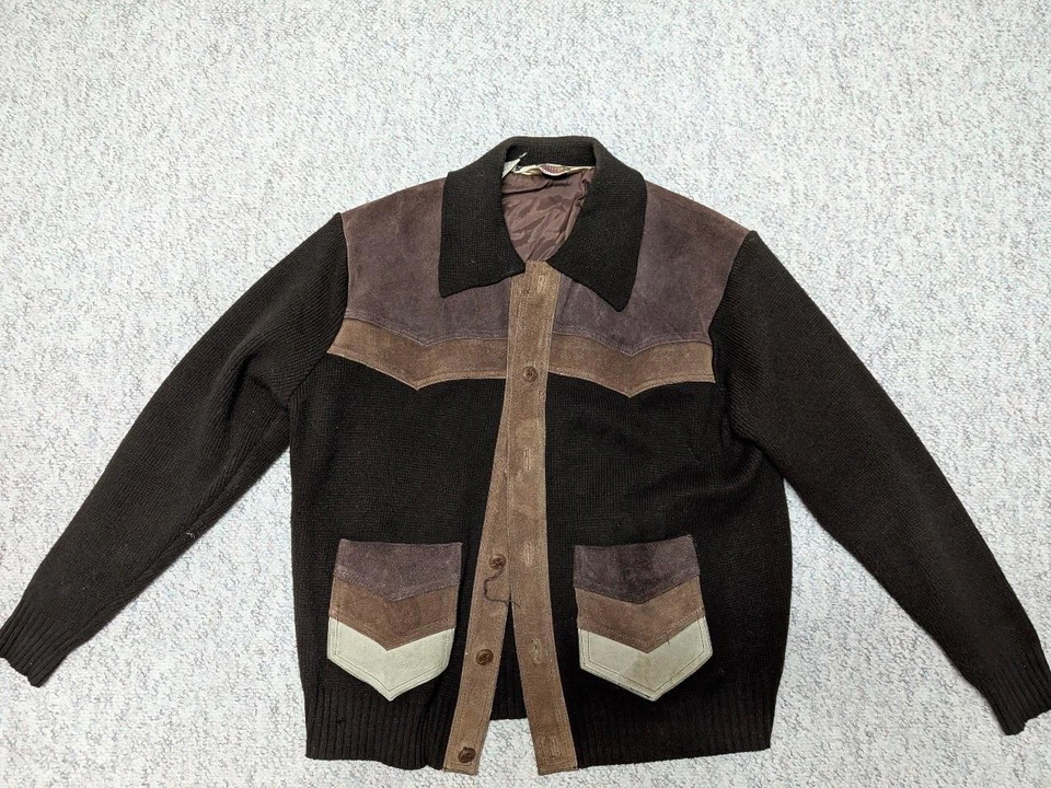 Suéter vintage años 70 MILLER cuero de vaca L acrílico tejido vaquero occidental 44 Foto 3 de 4