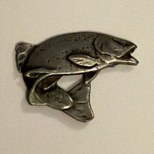 Silver Tone Fish Shaped Metal Pinback Pin, Animal Theme