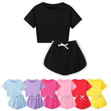 Kids Girls Outfits Training Suit Crop Top Set Side Slit Round Neck Athletic