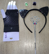 BLACK GLITTER CAT EARS HEADBAND NEW MESH FINGERLESS GLOVE WAND 2 RINGS PRETEND P