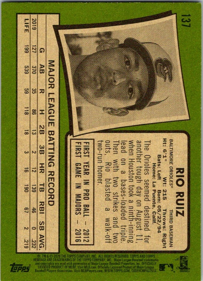2020 Topps Heritage Rio Ruiz Baltimore Orioles #137 | eBay