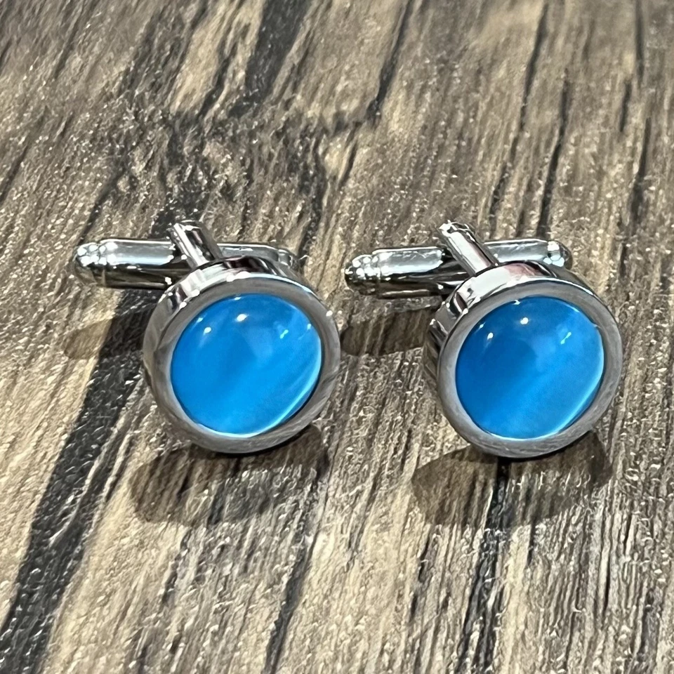 Dome Blue Stone Round Cufflinks For Men Birthday Wedding Gift Cufflink In Box - Image 3 of 4