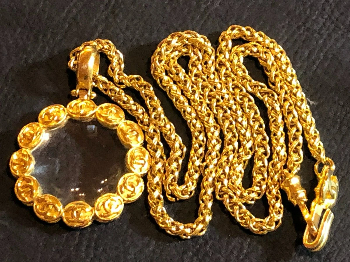 CHANEL Necklace Chain AUTH Coco Vintage Rare CC Gold LOGO Loupe Pendant F/S  C68