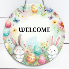 Easter Bunny Welcome 10" Metal Round Door Sign Black 