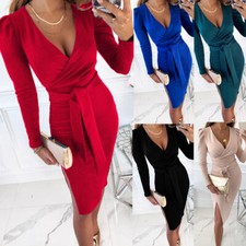 Abiti Midi Donna Con Maniche Lunghe Sexy Dames Deep V-Cou Bodycon Club J