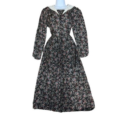 80er Jahre ''Laura Ashley'' schwarz Blumen Landhaus Spitze Kragen Herbstliches Midikleid UK 8