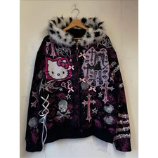 Felpa nera con cappuccio pelliccia Y2K Hello Kitty zip stampa leopardata stile alternativo