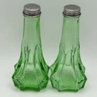 Vintage Green Depression Glass Salt Pepper Shakers Set Floral Hex Base