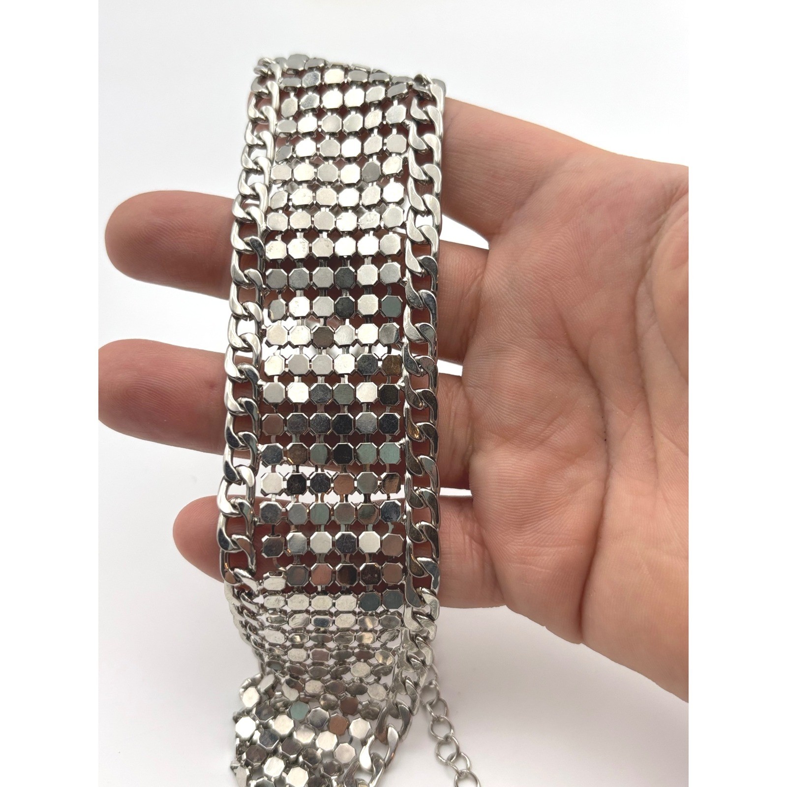 Statement Bib Necklace Silver Tone Mesh Chain Party Choker Costume