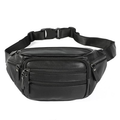 Black Leather Fanny Pack for Men Women Multi Pockets Waist Belt Crossbody Bag