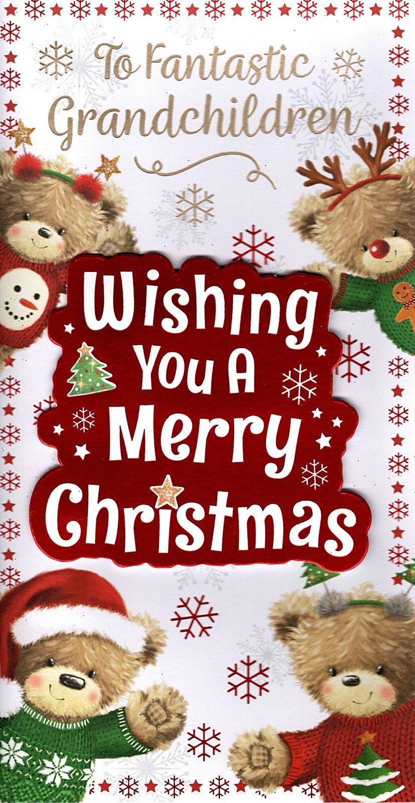Merry Happy Christmas Card To Fantastic Grandchildren Cute Bears Red Foil