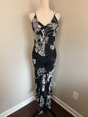 Lambda 100% Silk Lined Maxi Dress Asymmetric Ruffled Hem Cross Back Size Small