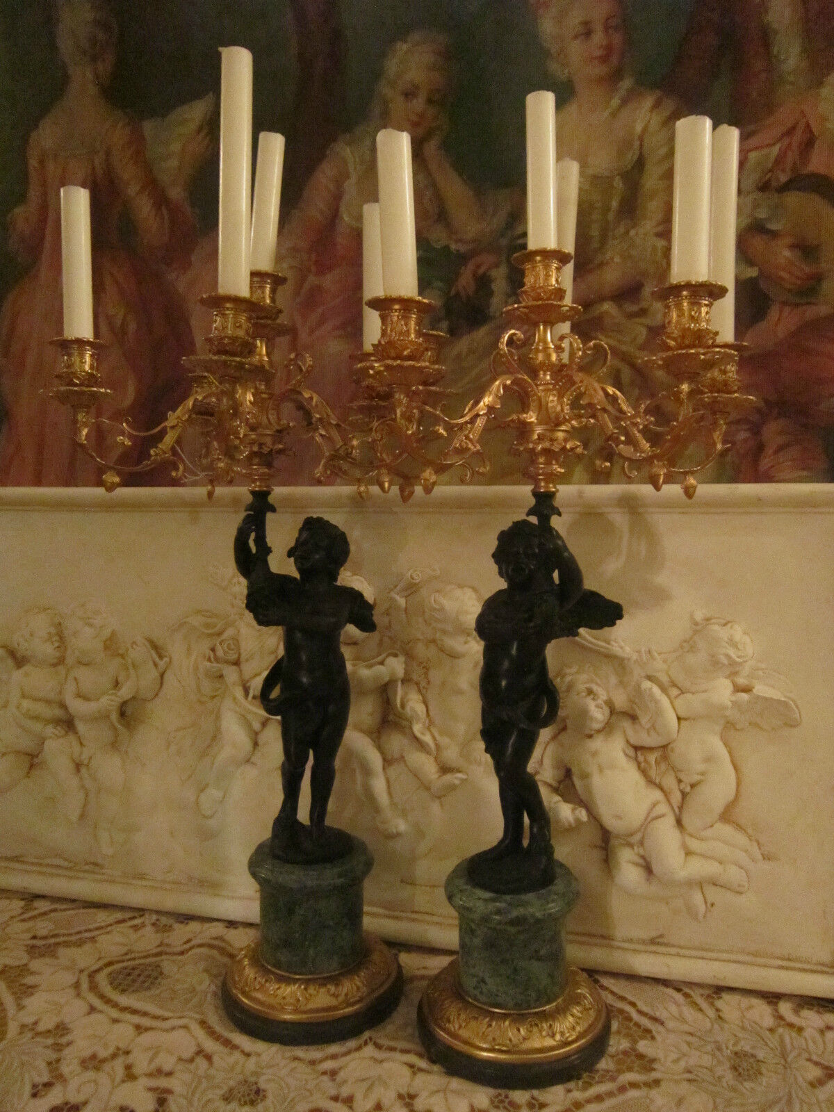 Pair very fine French Dore Bronze/Marble Louis XIV st Figural Putti candelabras