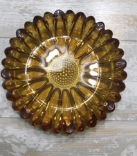 MCM Hazel Atlas Amber Sunflower Ashtray Round Heavy Glass 5” Vintage Excellent
